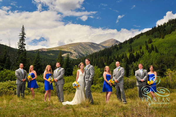 A photograph of a wedding party standing in a mountain valley with lush trees and a high peak behind them.